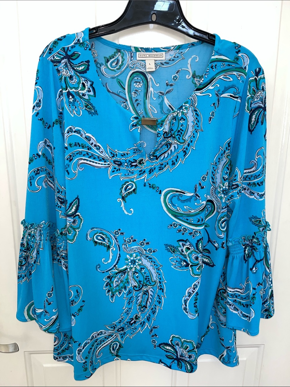 Dana Buchman Turquoise Blue Paisley V-Neck Bell Sleeve Tunic